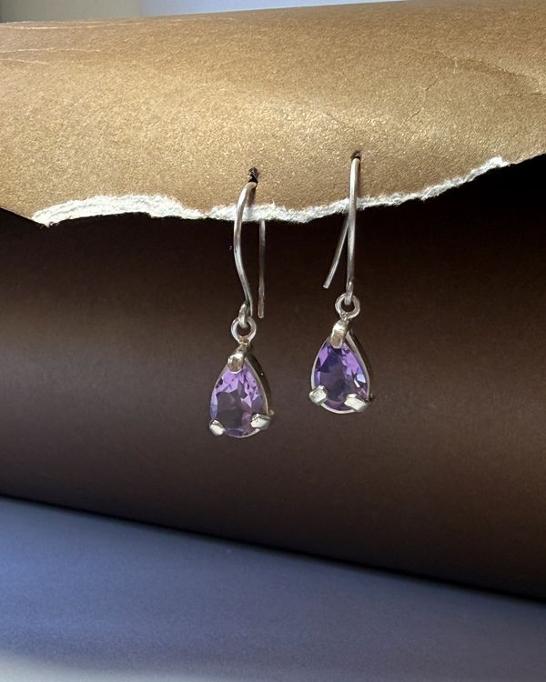 Dainty Amethyst earrings, front view of the pair