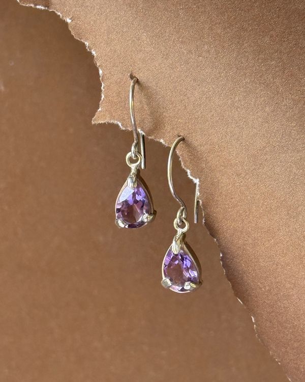 Dainty Amethyst earrings: pear-cut amethyst drops on sterling silver hooks