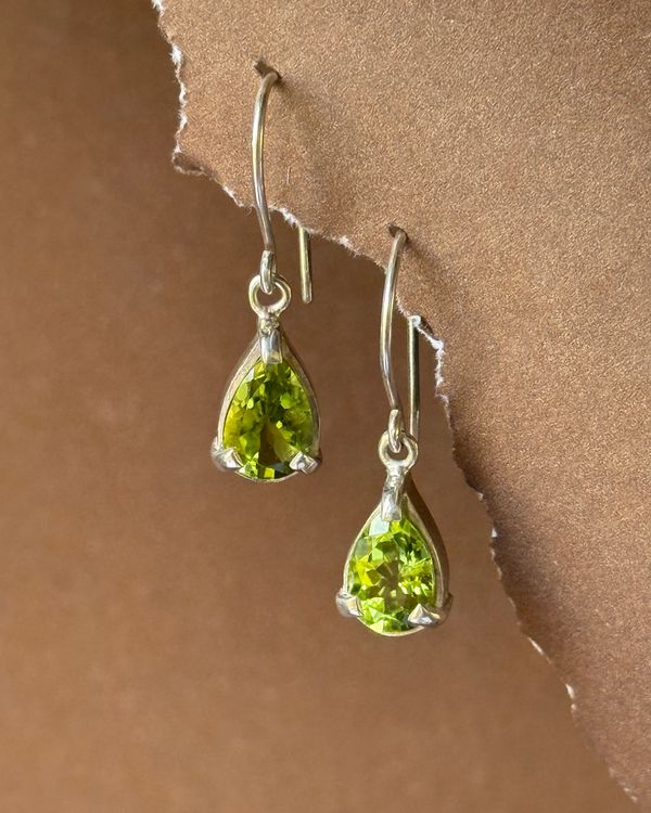 Dainty Peridot earrings: pear-cut peridot drops on sterling silver hooks
